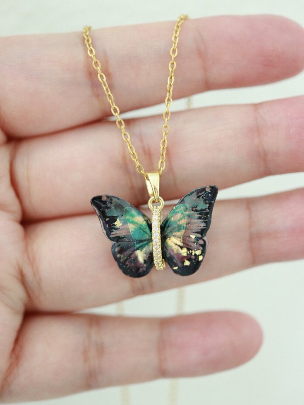 Butterfly Pendant Black/Green CZ Necklace 18k Gold Plated Stainless Steel